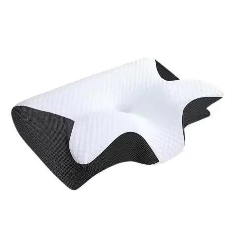 Orthopedic memory foam neck pillow on white background – soft, contoured design for pain relief