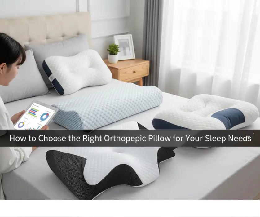 Woman browsing guide on how to choose the right orthopedic pillow for sleep needs. Features contoured memory foam, cooling gel, and travel pillows for side, back, and stomach sleepers.