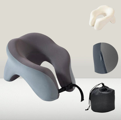 Grey orthopedic travel pillow for neck pain relief — compact and lightweight