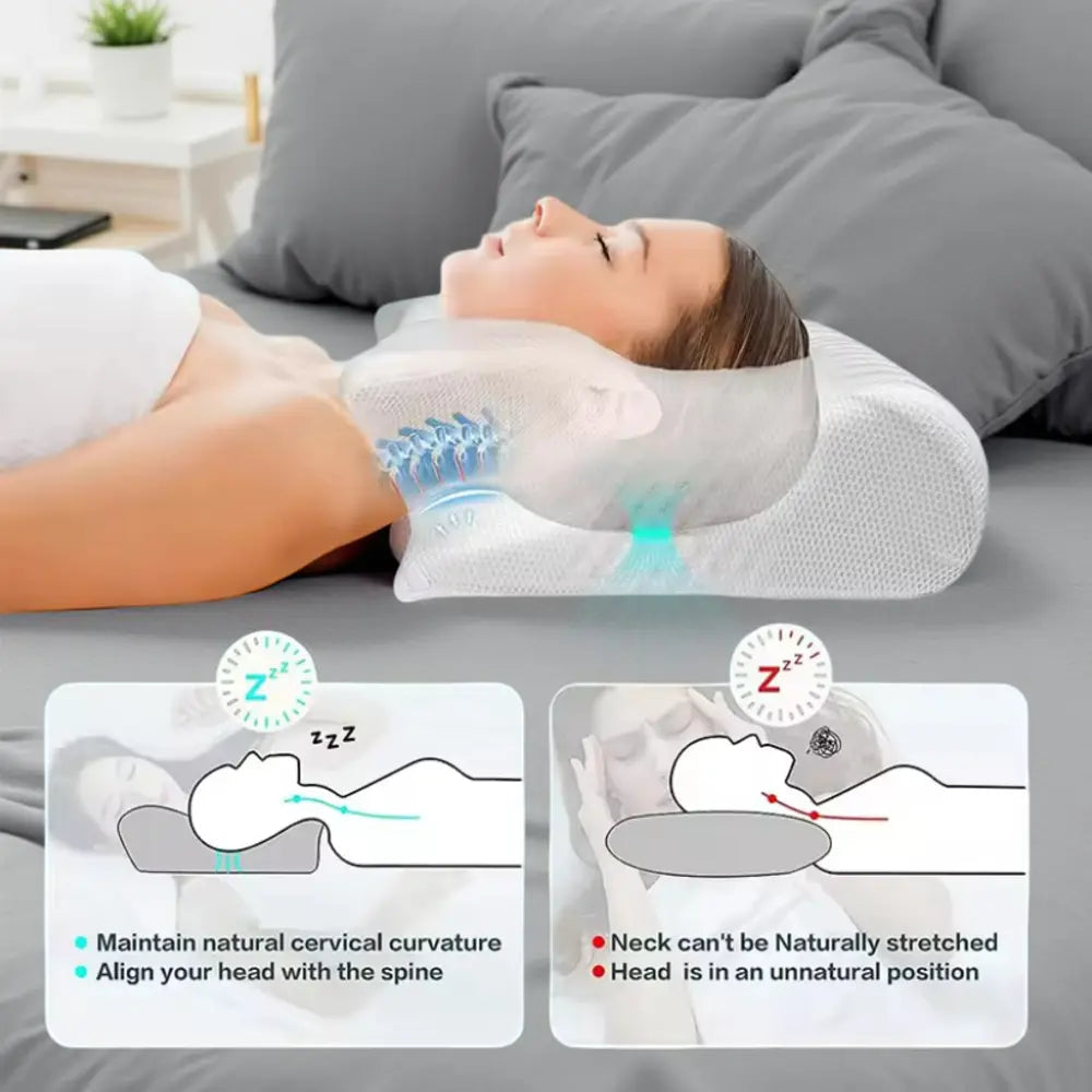 Back sleeper with orthopedic pillow — maintains natural spine curve during sleep