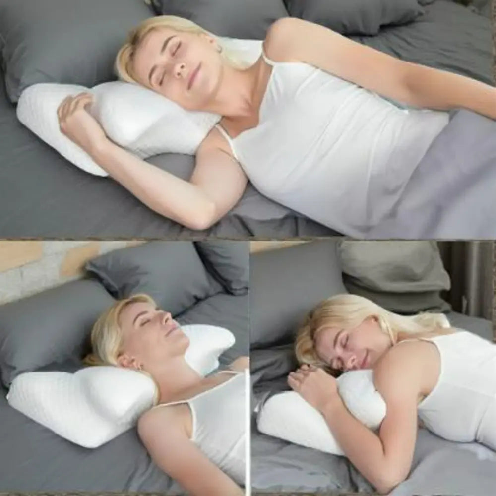Side sleeper using orthopedic pillow for neck support — prevents shoulder numbness