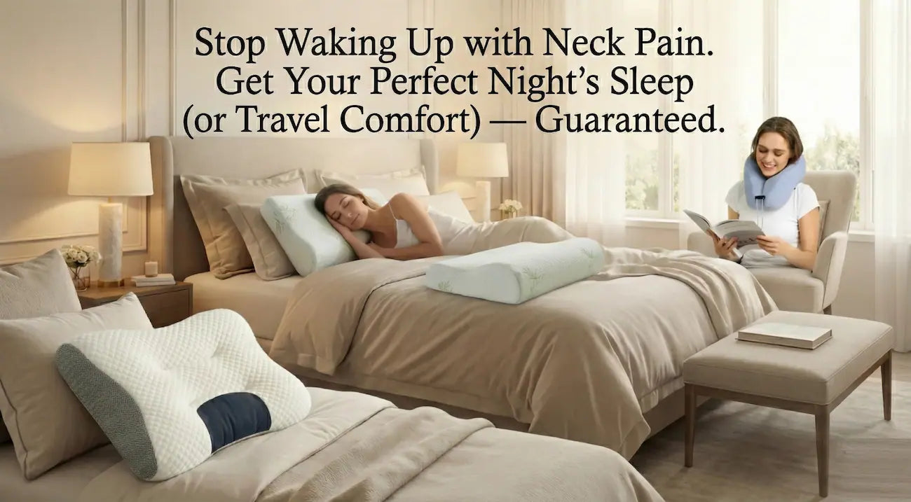 Premium orthopedic pillows for home and travel: one woman sleeps soundly in bed, another enjoys comfort with a neck pillow while reading.