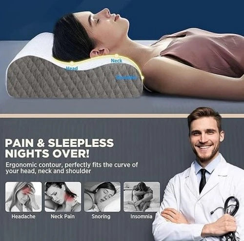Woman sleeping peacefully on contour memory foam pillow. Doctor explains relief from headache, neck pain, snoring, and insomnia