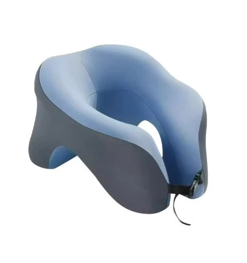 Memory foam travel neck pillow with blue accent – compact, lightweight, perfect for flights and car rides