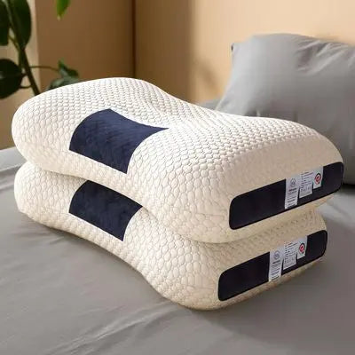Two orthopedic memory foam pillows stacked – ideal for travel or home use, soft yet supportive