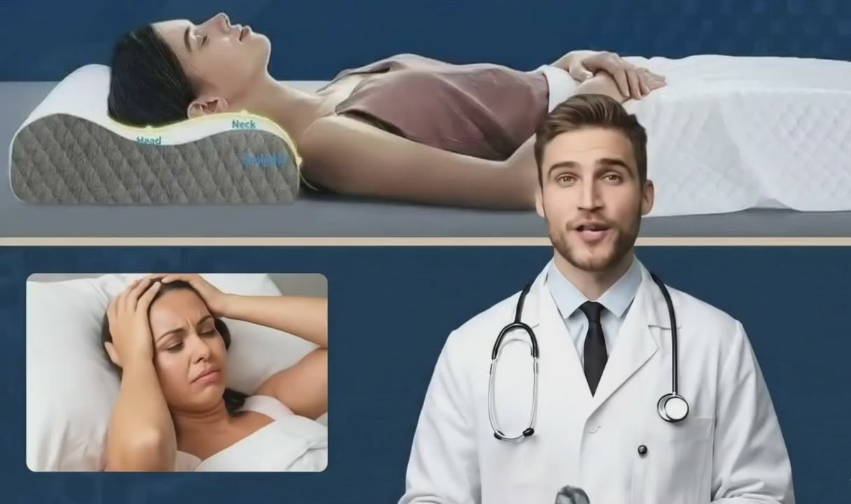 Load video: Doctor explains how the ergonomic contour of this memory foam pillow relieves neck pain, headaches, snoring, and insomnia. Top half shows woman sleeping comfortably; bottom half shows common sleep problems solved.